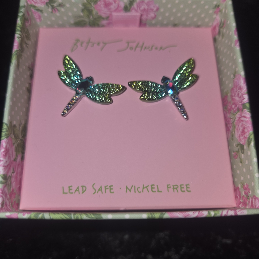 Betsey Johnson Iridescent Dragonfly Stud Earrings - Green/Blue Sparkle - Picture 2 of 4